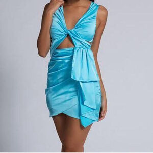 new Melody Satin Twist Front Dress Blue from Meshki.